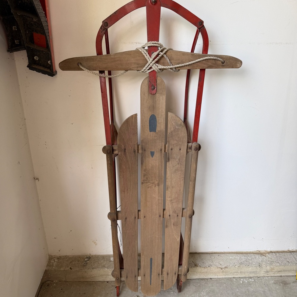 Vintage Red Metal Runner Wooden Snow Sled 47 Inch Rustic Holiday Decor Farmhouse